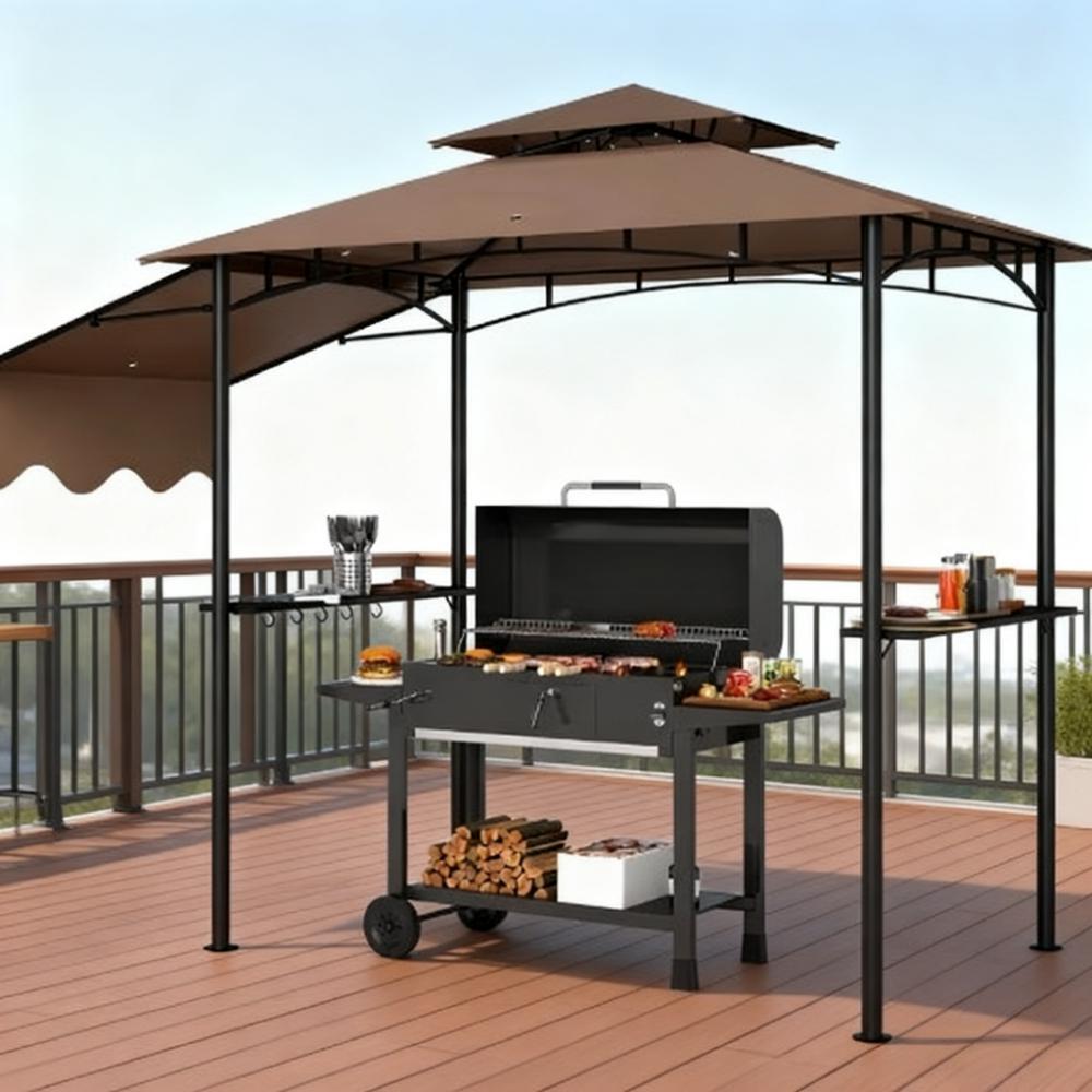 Ventilated BBQ Gazebo Shelter with Adjustable Side Awning, Side Shelves & Hooks, Brown