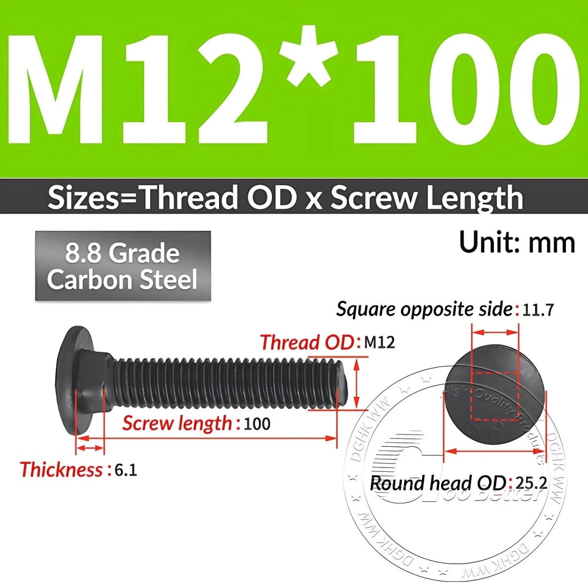 Black 8.8 Grade Steel Carriage Bolts | Cup Square Dome Head | M6–M24 - HomeDIYer