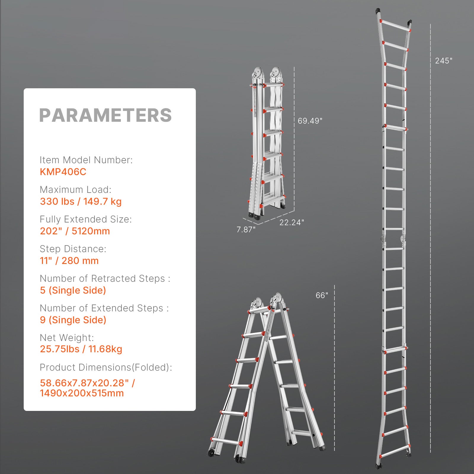 20.5FT Telescoping A‑Frame Aluminum Ladder — 330 lb Capacity, No Assembly, Dual Wheels, Silver
