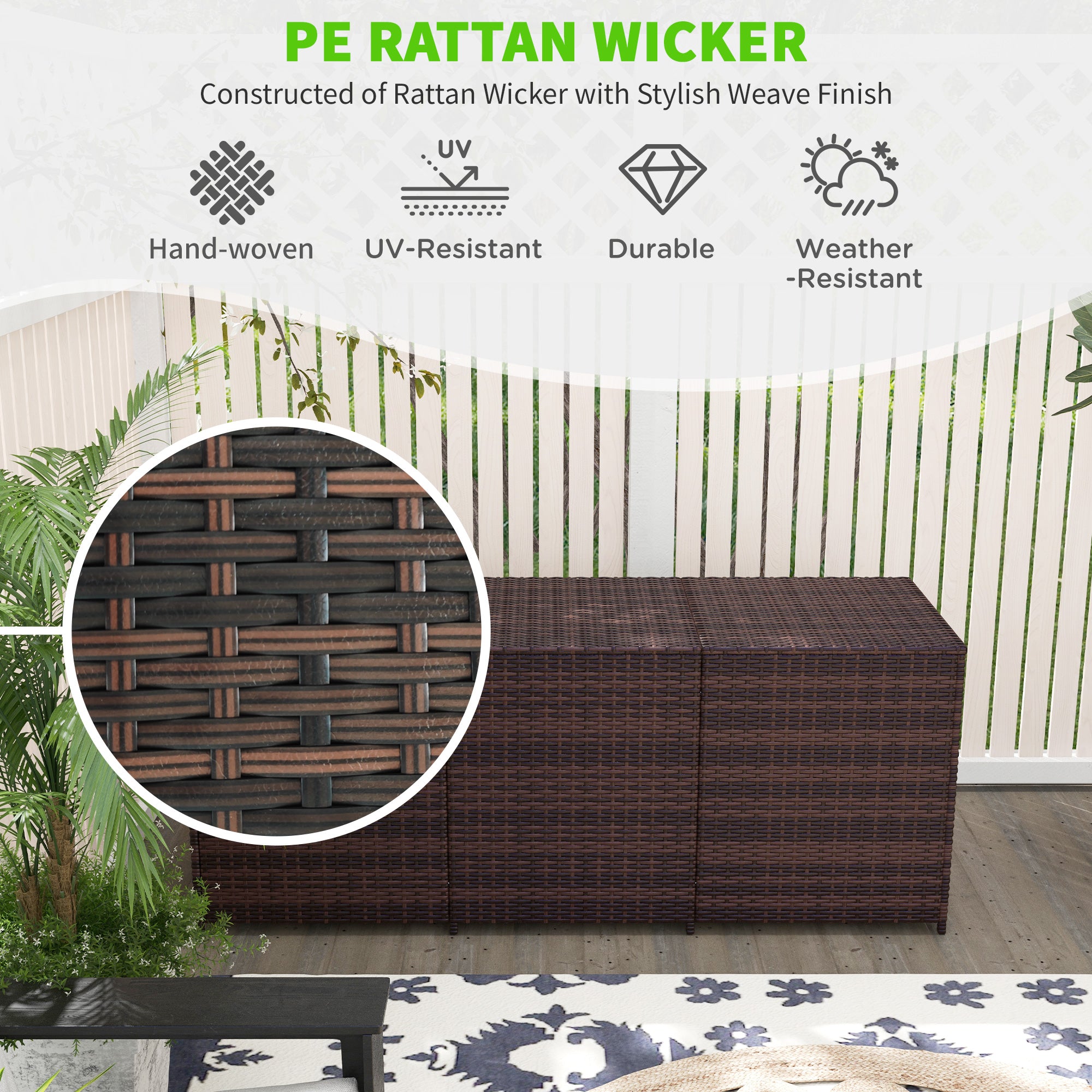 Outsunny 175 Gallon Outdoor Storage Box with Inner Liner, PE Rattan Wicker Deck Box with Pneumatic Bar Lift for Indoor & Outdoor, Patio Furniture Cushions, Pool Toys, Garden Tools, Mixed Brown