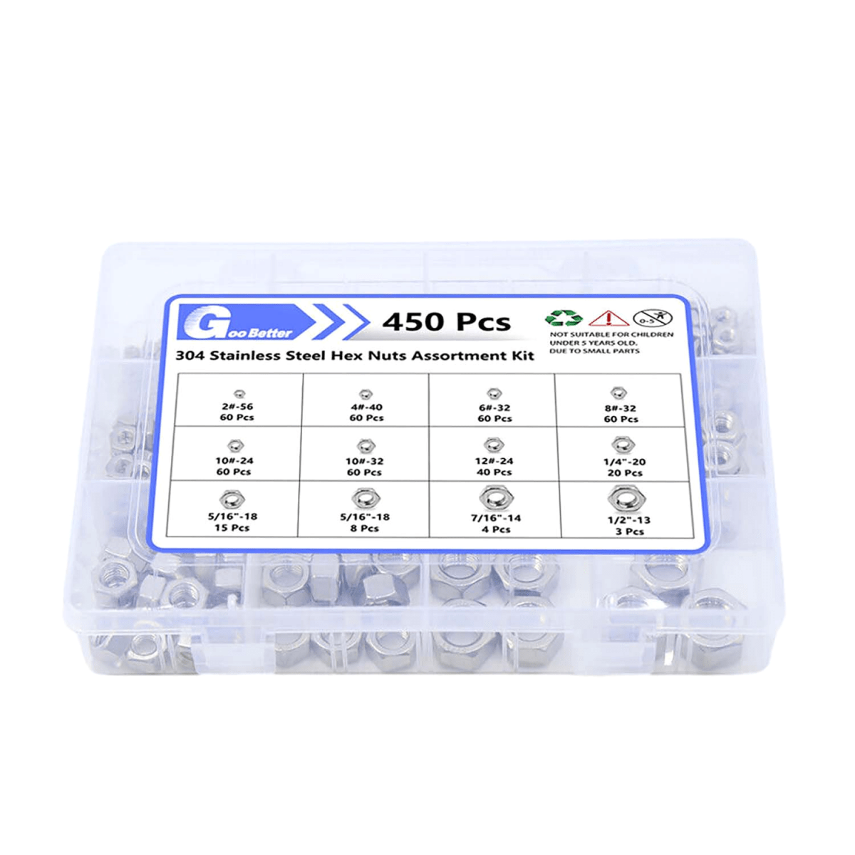 450 Pcs 2 - 1/2" 304 A2 Stainless Steel Hex Nuts Assortment Kit For Screws Bolt - HomeDIYer