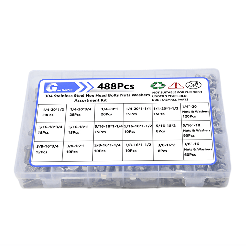 488Pcs 1/4'' - 3/8'' UNC Outer Hex Bolt, Washer, Nut Combination Kit Stainless Steel - HomeDIYer