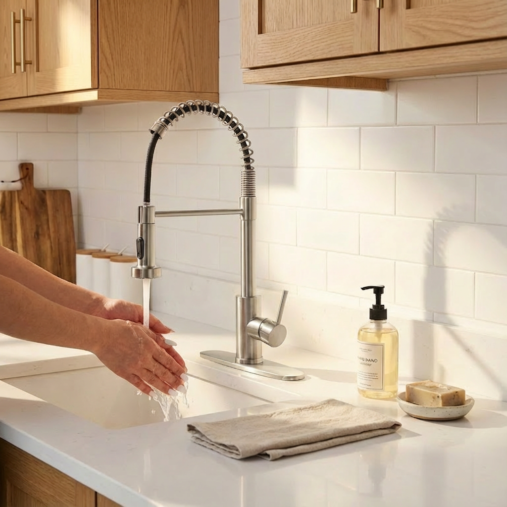 Industrial Pull Down Kitchen Faucet | Brushed Nickel Stainless Steel | 1 or 3 Hole | Farmhouse, RV, Wet Bar