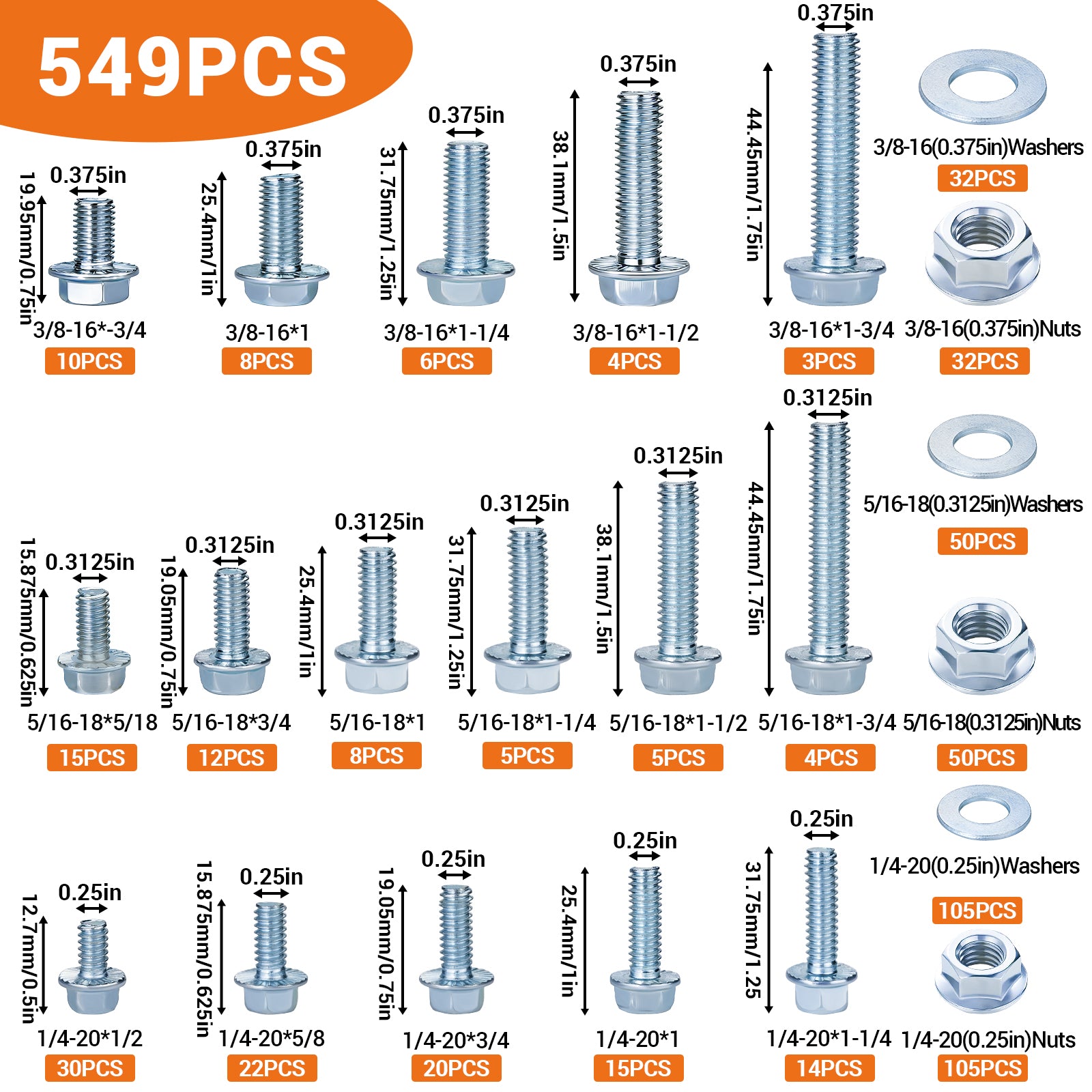 549-Piece SAE Flange Bolt & Nut Assortment Kit (1/4-20, 5/16-18, 3/8-16)