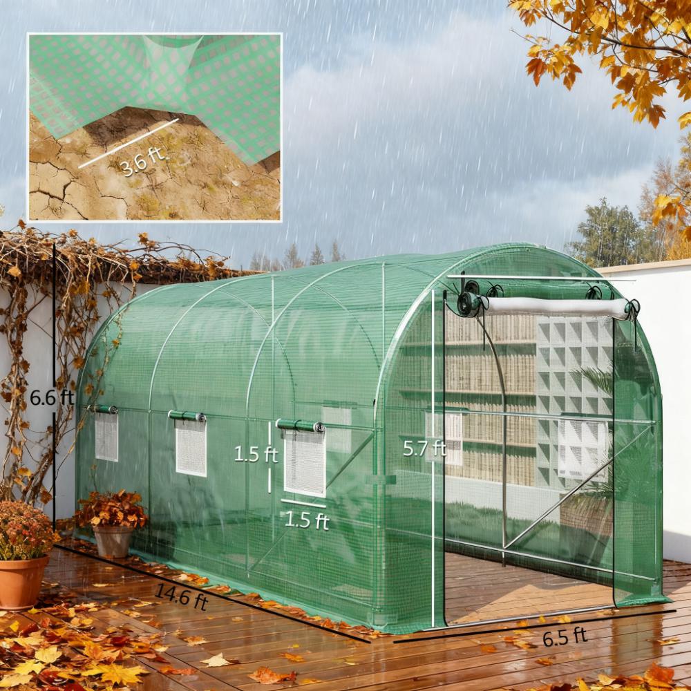 Walk‑In Tunnel Greenhouse with 2 Support Rods — Upgraded Galvanized Steel Frame Mesh Door & Windows Green