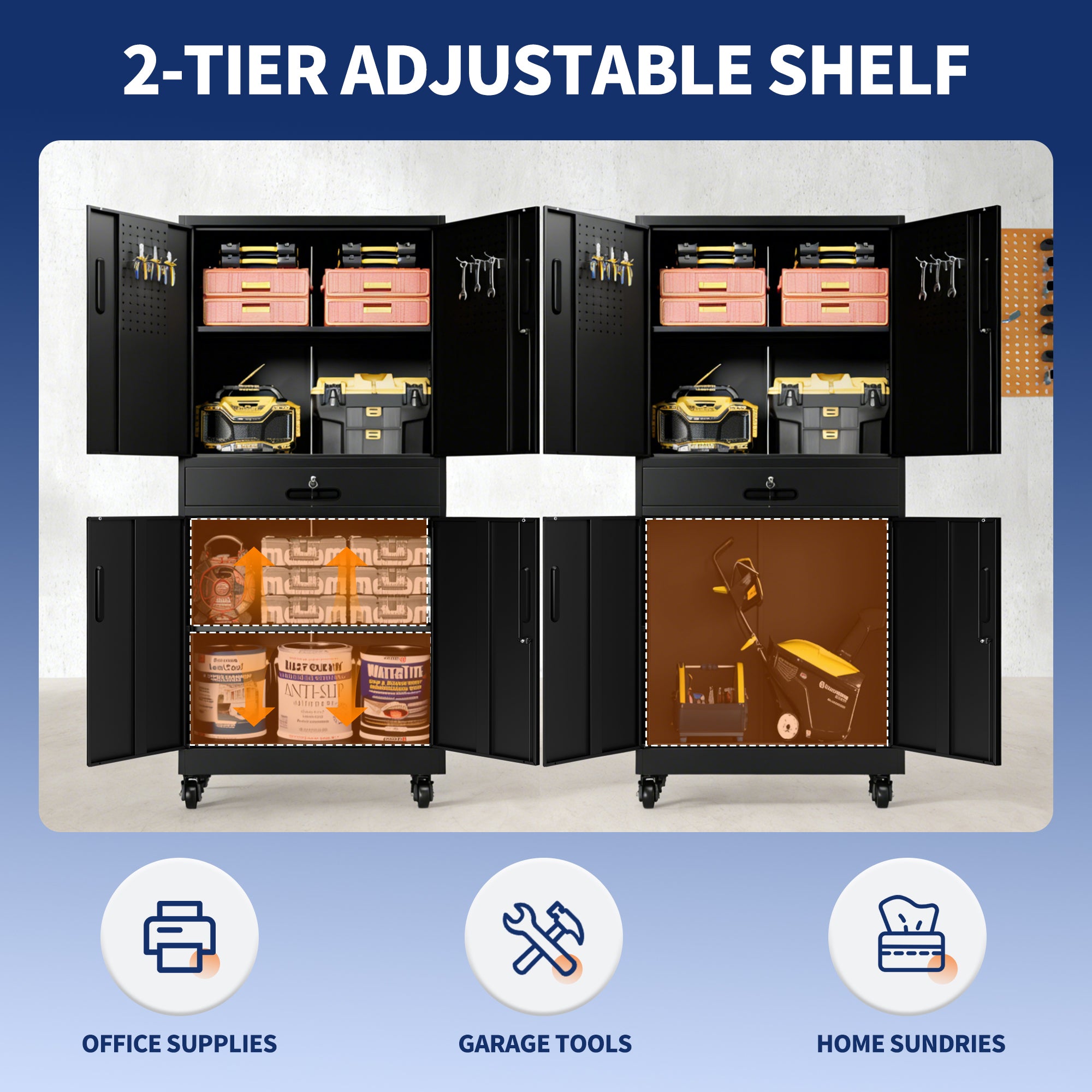 71" Metal Garage Storage Cabinet with Drawer, Pegboard Door, Locking Doors & Rolling Wheels, 720 lb Capacity