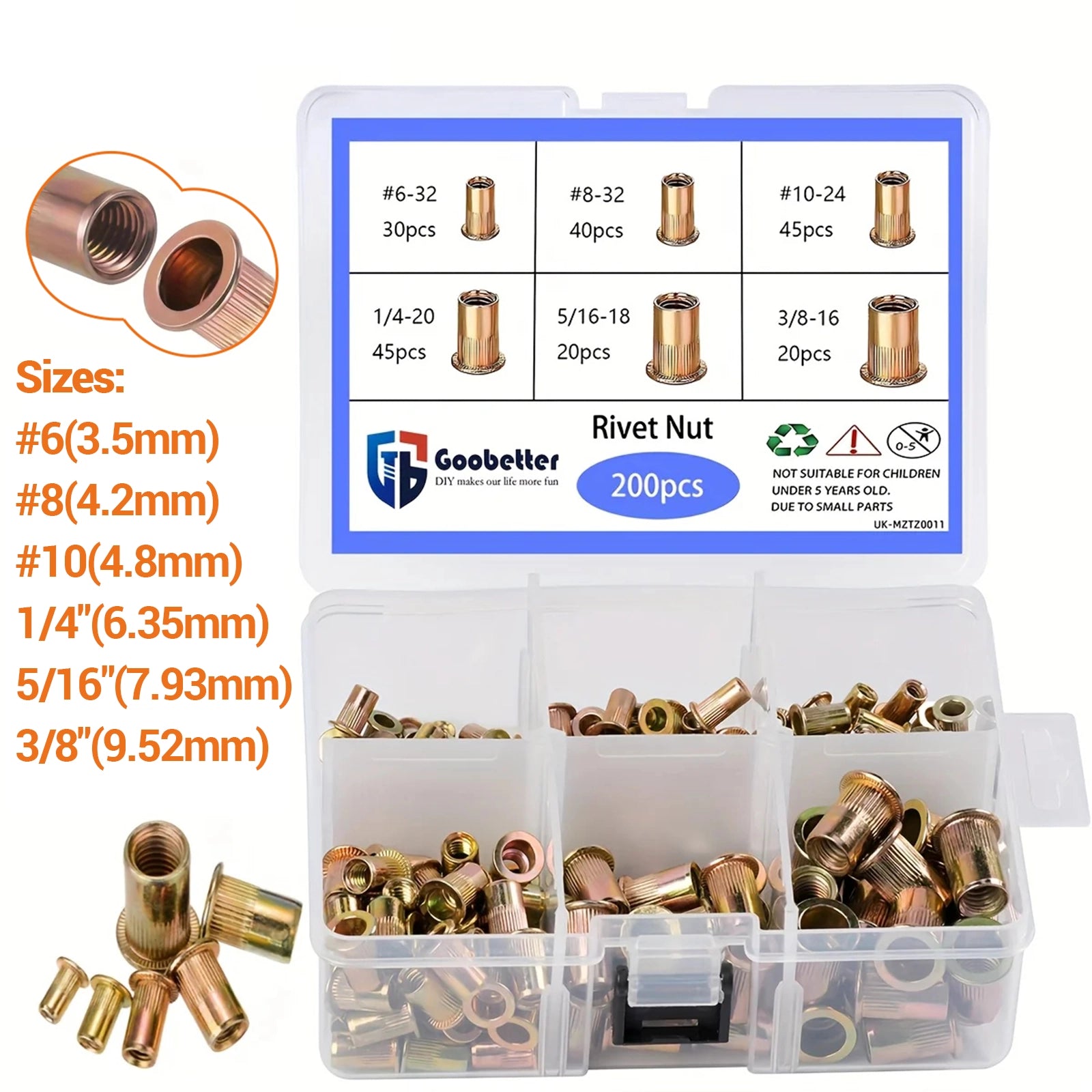 200 Pcs Rivet Nut Kit 6 - 3/8" SAE Flat Head Rivnut Nutsert Assortment Tool Kit - HomeDIYer