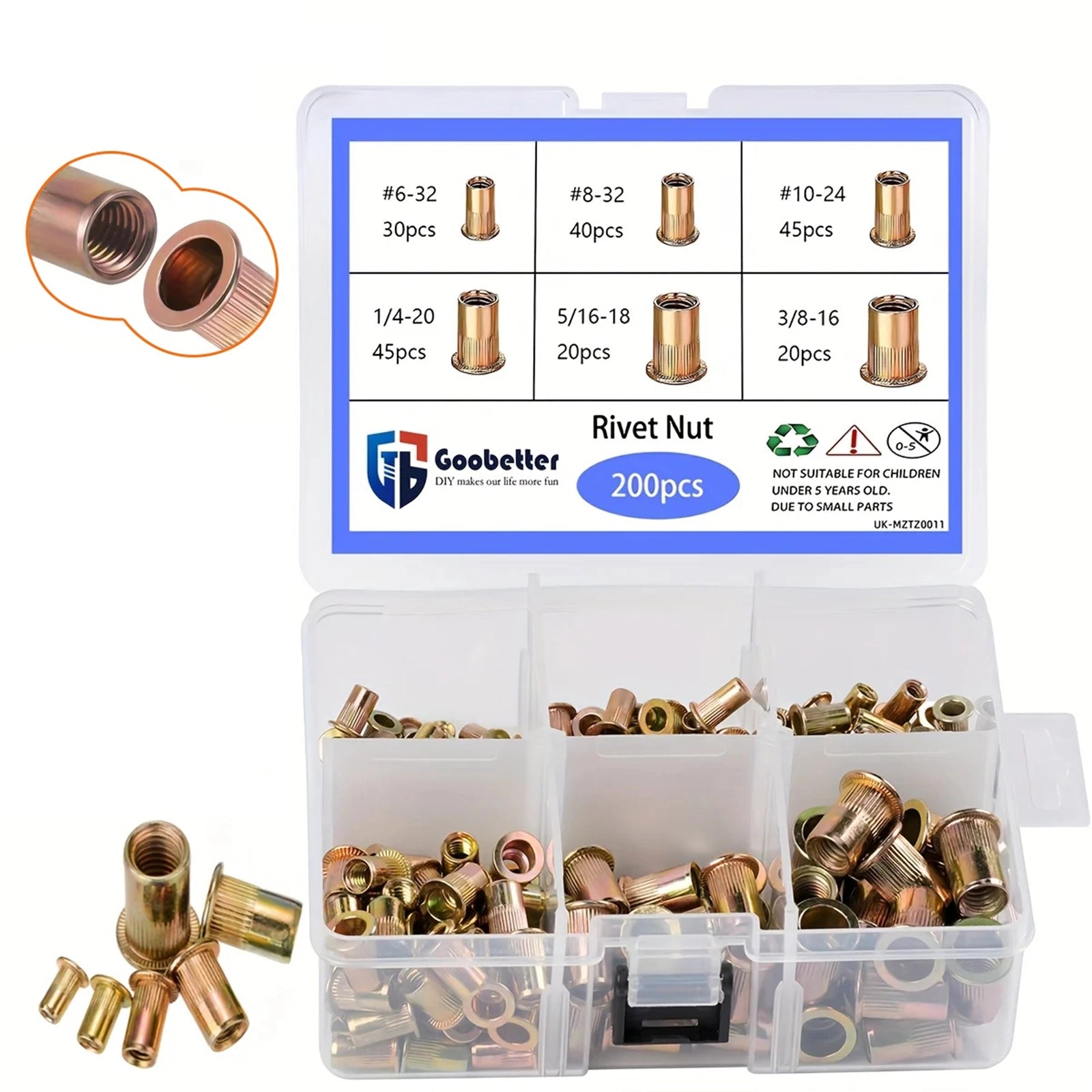 200 Pcs Rivet Nut Kit 6 - 3/8" SAE Flat Head Rivnut Nutsert Assortment Tool Kit - HomeDIYer