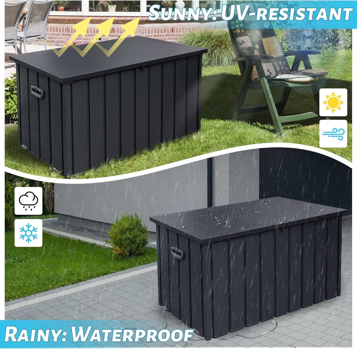 190 Gallon Metal Outdoor Deck Box – Waterproof Steel Storage Bench, Lockable Package Delivery, Dark Gray