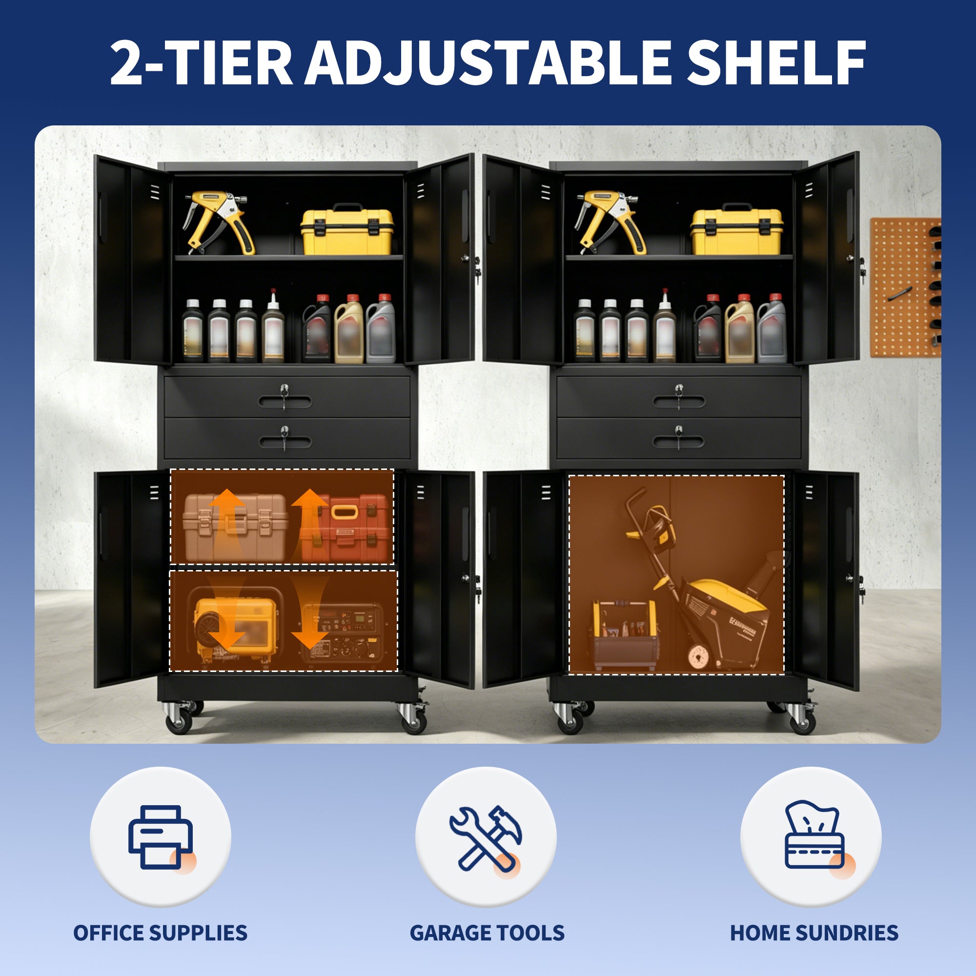 71" Metal Garage Storage Cabinet with Two Drawers, Pegboard Door, Locking Doors & Rolling Wheels, 720 lb Capacity