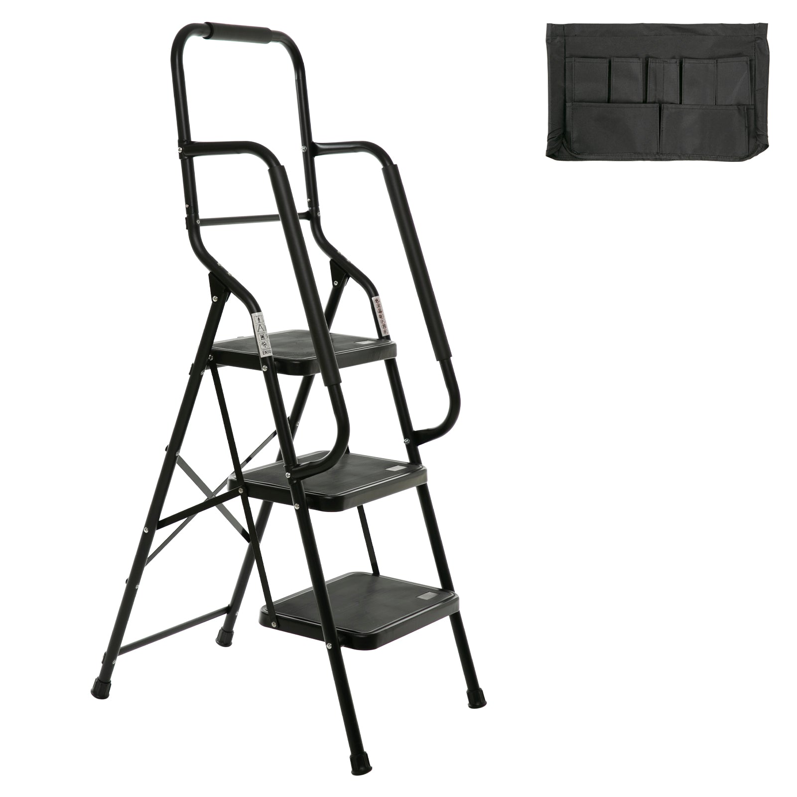 3‑Step Folding Step Stool with Handrails & Tool Bag — 500 lb Heavy‑Duty Capacity, Black Steel