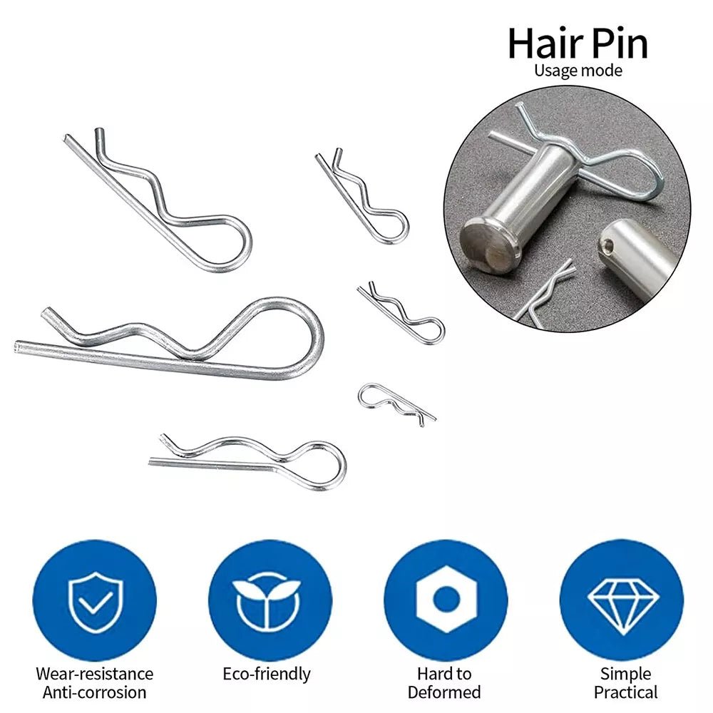 3/32'' - 5/32'' R - Shaped Cotter Pin Assortment Kit Zinc Plated Hair Pins - 150 Pcs - HomeDIYer