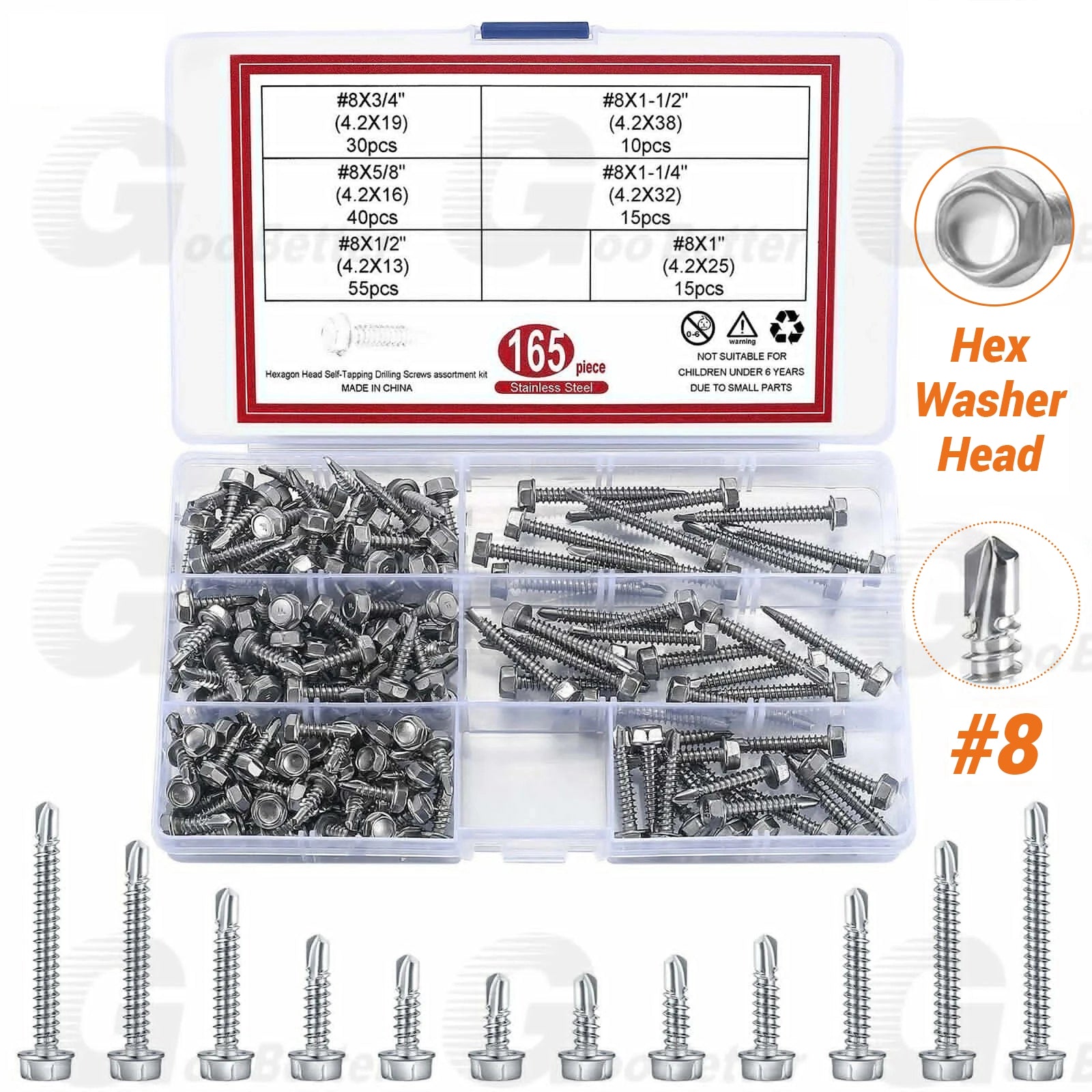 165PCS 8 Hex Washer Head Self Drilling Sheet Metal Tek Screws Stainless Steel - HomeDIYer