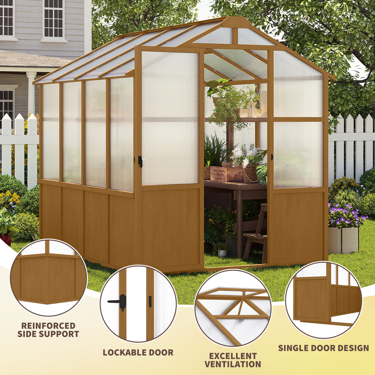 6ft x 8ft Solid Wooden Walk‑In Greenhouse — 6mm Polycarbonate Panels, Adjustable Roof Vents & Lockable Door Natural Wood