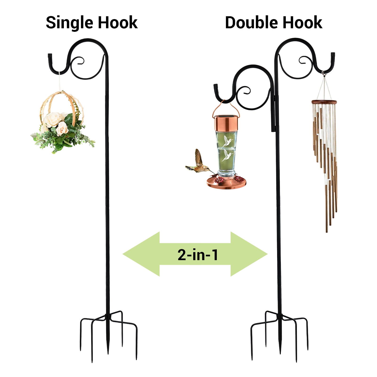 Double-Headed Shepherd's Hook with 5-Prong Base, Adjustable Height 45-92 inch