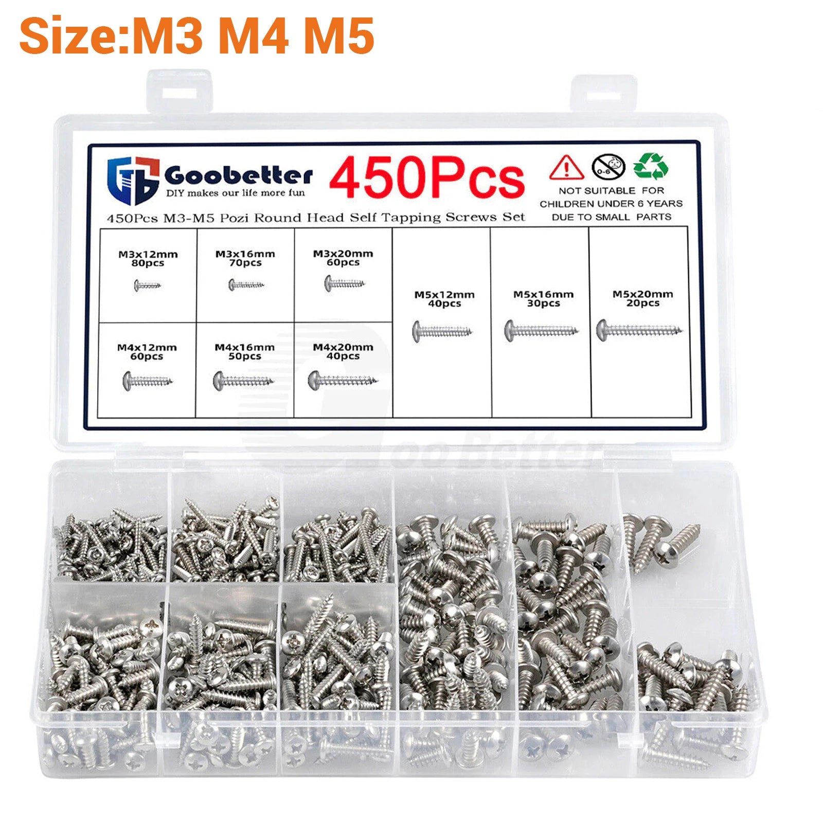 450x M3 - M5 Pan Head Self Tapping Phillips Screws Silvery A2 Stainless Steel Set - HomeDIYer