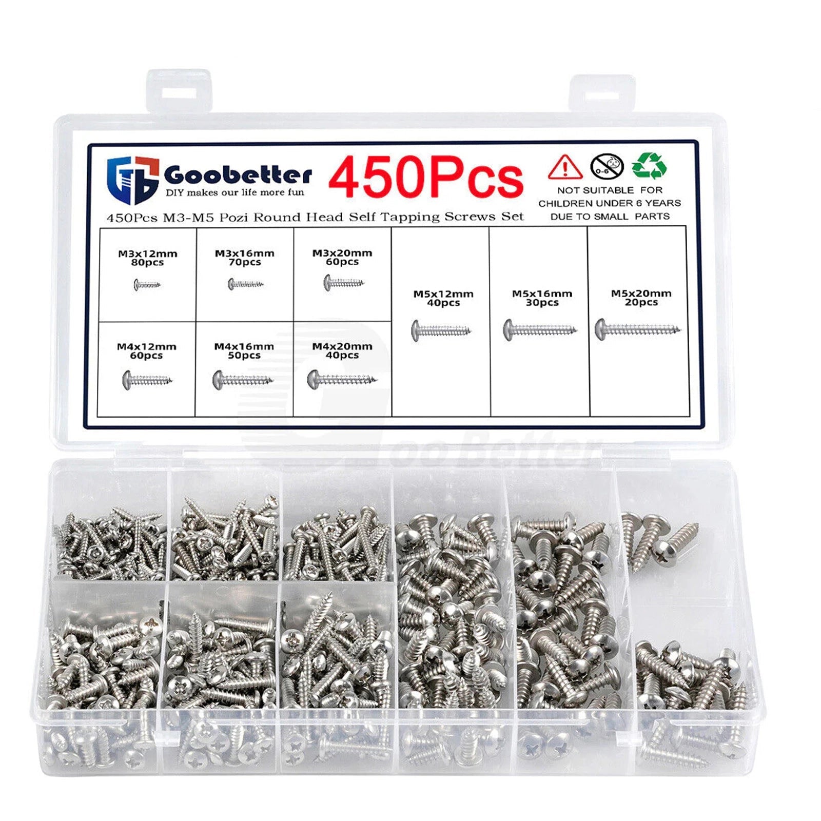 450x M3 - M5 Pan Head Self Tapping Phillips Screws Silvery A2 Stainless Steel Set - HomeDIYer