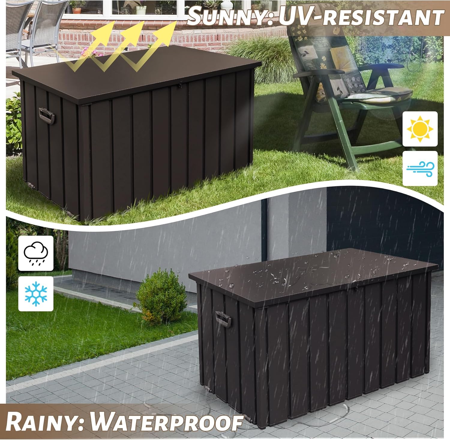 190 Gallon Metal Outdoor Deck Box – Waterproof Steel Storage Bench, Lockable Package Delivery, Dark Brown