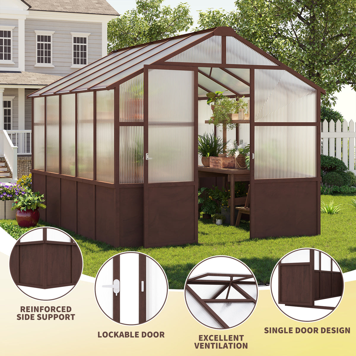8ft x 10ft Cedar Wood Walk‑In Greenhouse — 6mm Polycarbonate Panels Adjustable Vent & Lockable Door Dark Coffee