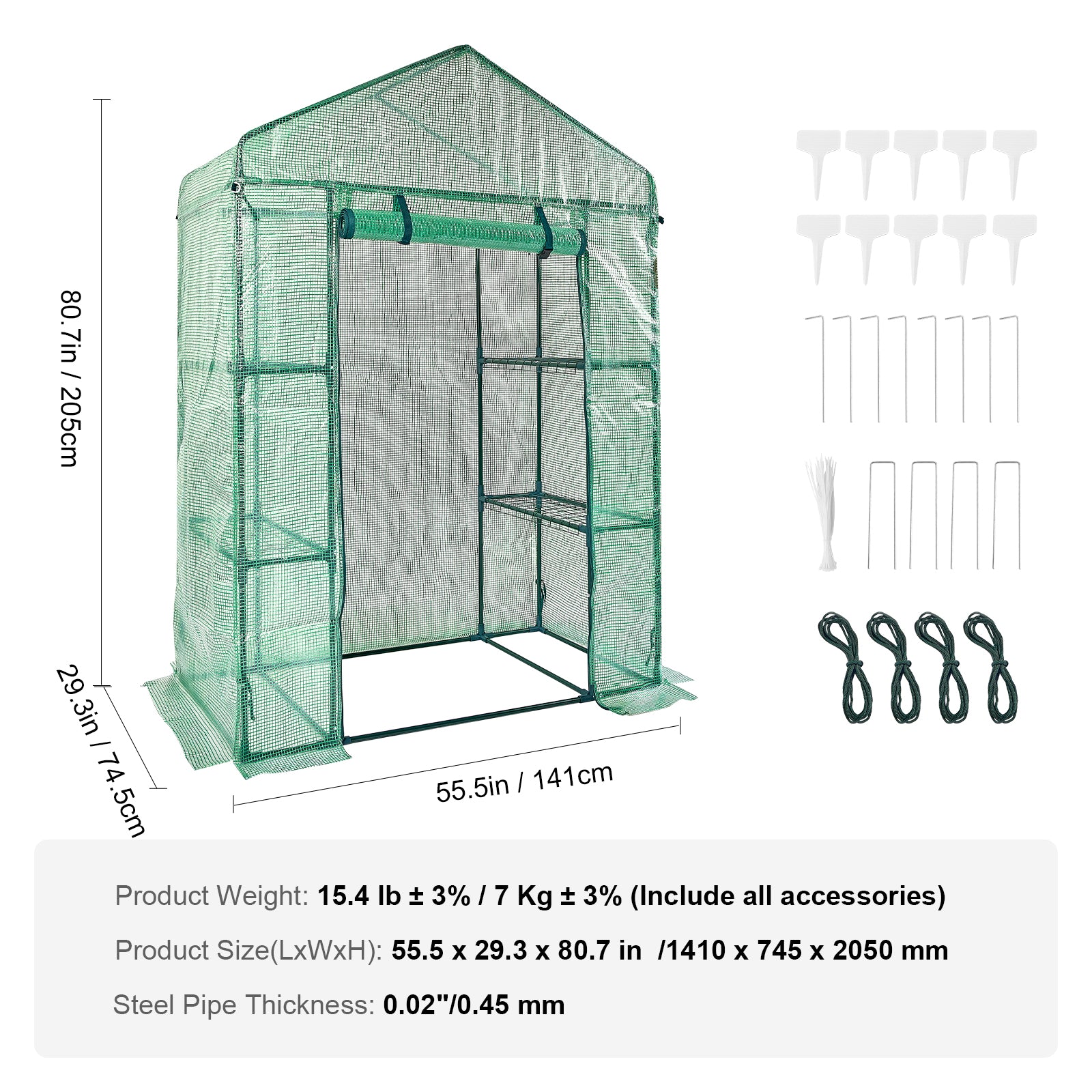 4.6ft x 2.4ft x 6.7ft Walk‑In Greenhouse with 4 Shelves — High‑Strength PE Cover Roll‑Up Door & Steel Frame Green