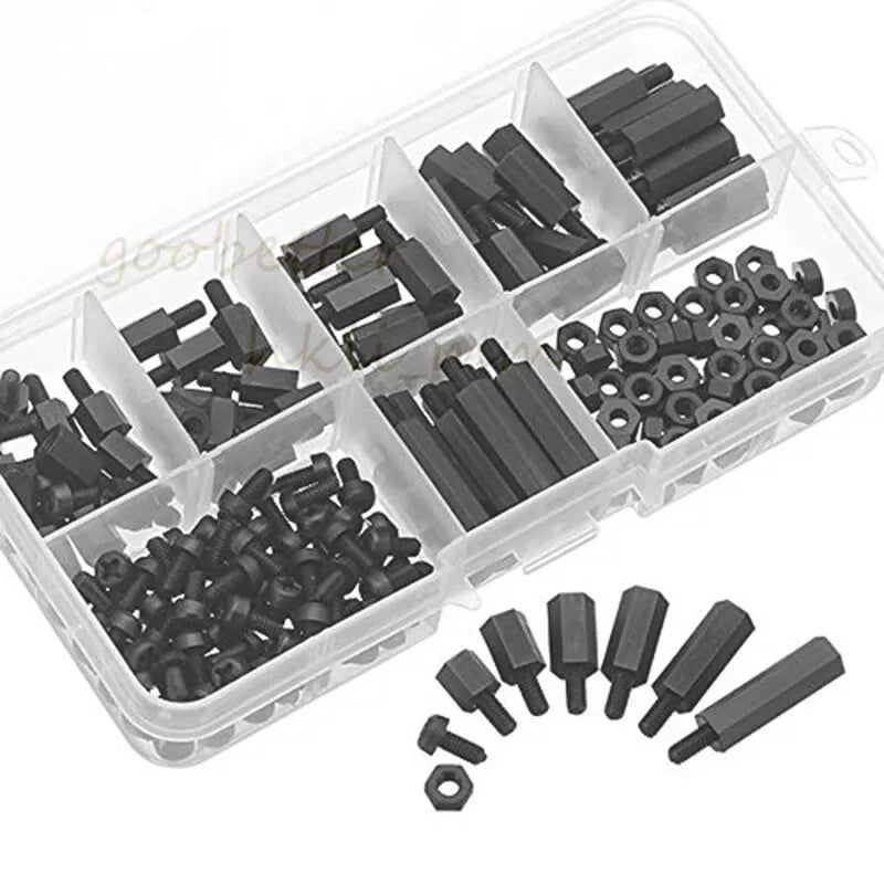 180PCS M3 Black Nylon Hex Spacers Screw Nut Stand - off Kit With Plastic Box Set - HomeDIYer