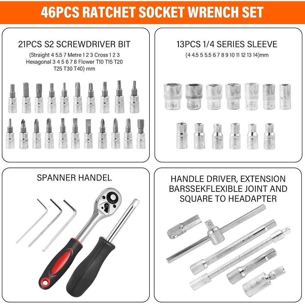 46Pcs 1/4" Drive Socket Set & Screwdriver Bits Ratchet Wrench Drill Bits Set