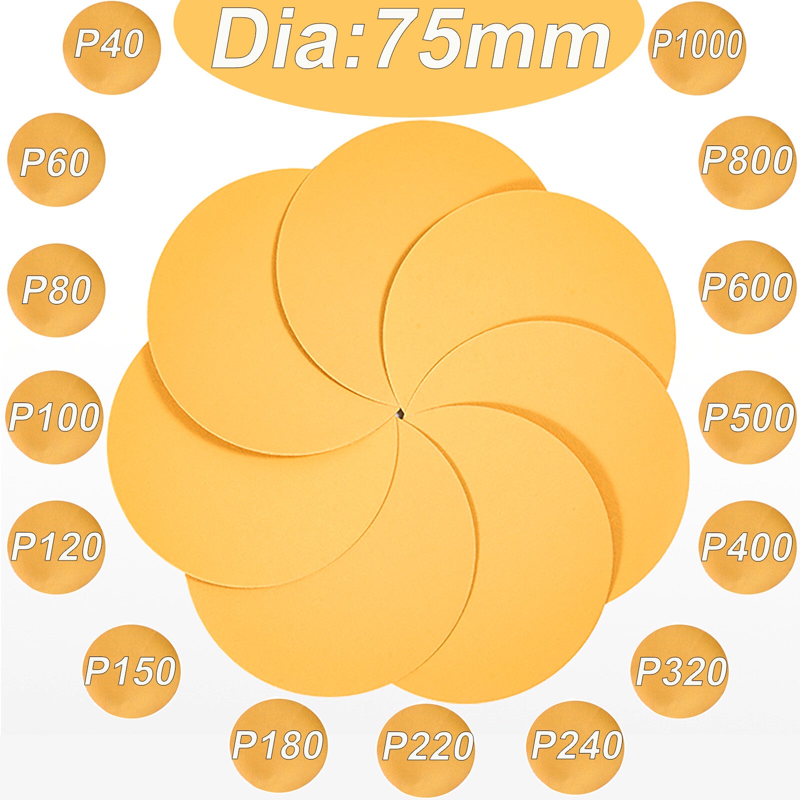 75mm Dry Sanding Discs 3 inch Rounded Sandpaper Pads Grit 40~1000 No Hole Yellow
