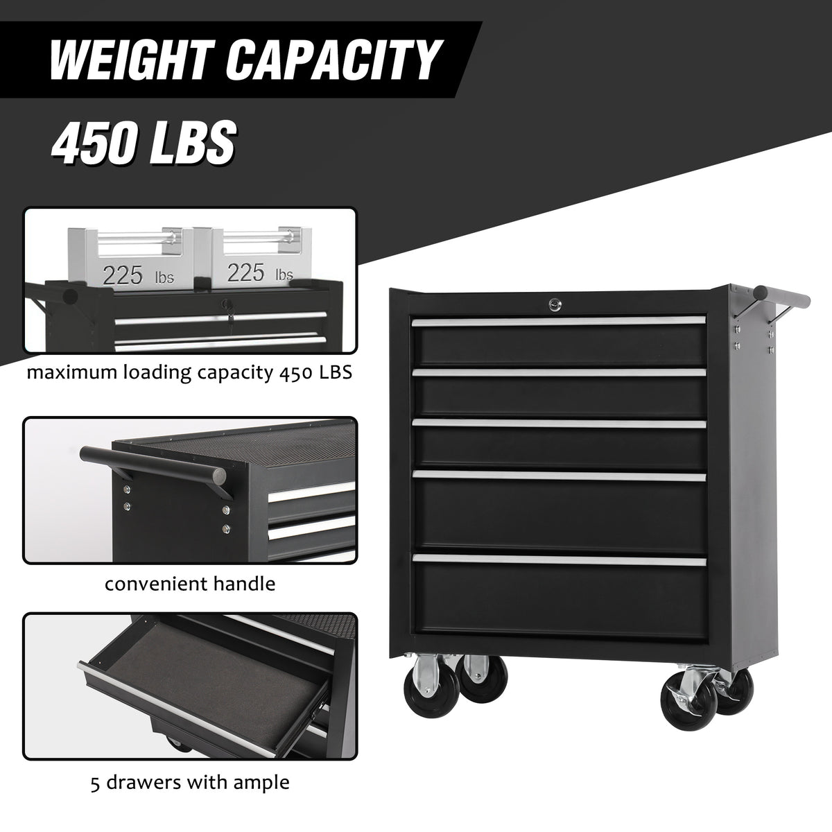 5-Drawer Rolling Tool Chest w/Lock & Key, Tool Storage Cabinet with Wheels, Top Cushion & Drawer Liners, Tool Organizer Box for Garage, Warehouse & Repair Shop