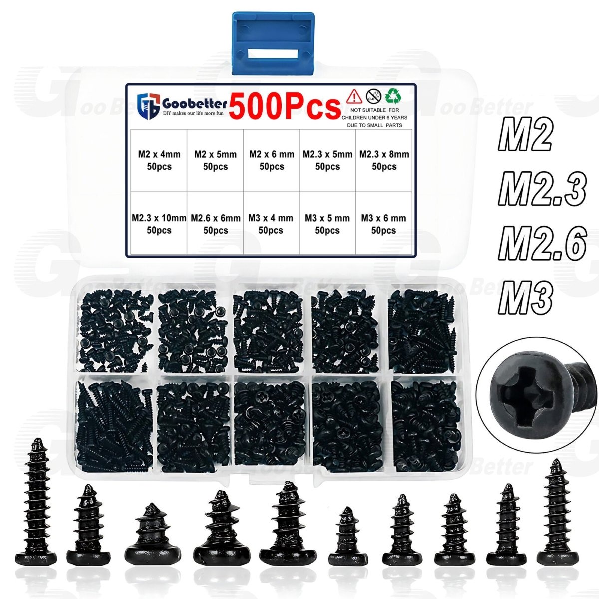 500pcs M2 M2.3 M2.6 M3 Phillips Pan Round Head Self - Tapping Screws Kits Black - HomeDIYer