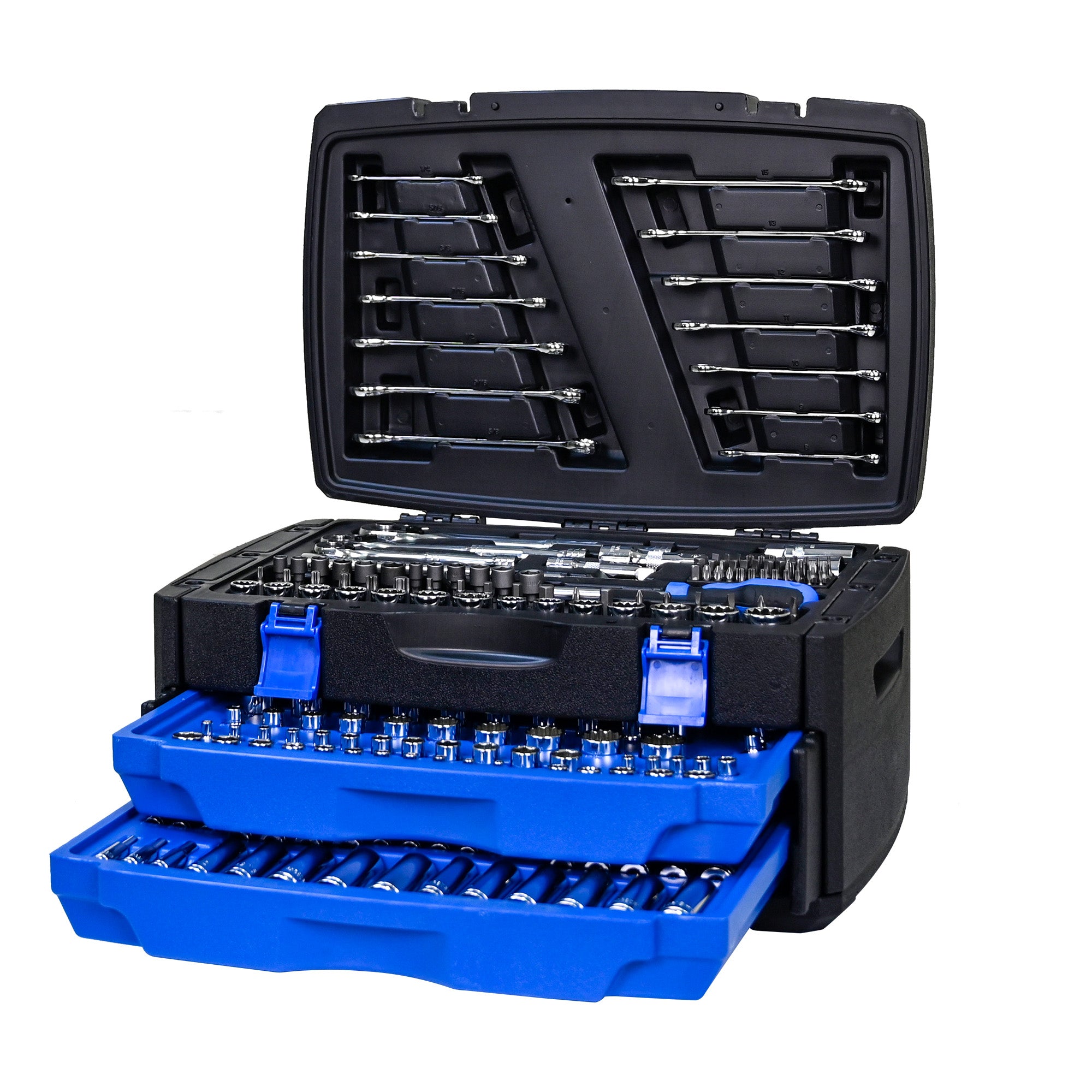 266‑Piece Black Tool Set with Lockable Case — Carbon Steel Home & Auto Repair Kit, Blue Accents