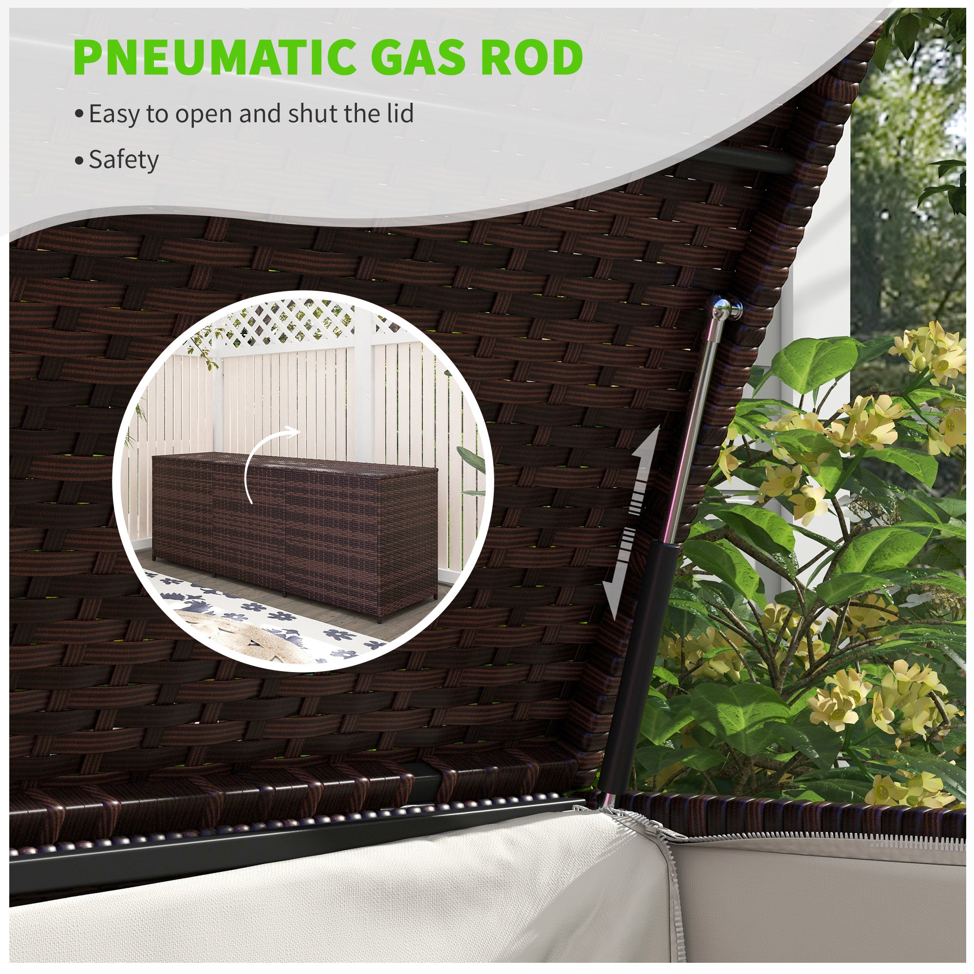 Outsunny 175 Gallon Outdoor Storage Box with Inner Liner, PE Rattan Wicker Deck Box with Pneumatic Bar Lift for Indoor & Outdoor, Patio Furniture Cushions, Pool Toys, Garden Tools, Mixed Brown