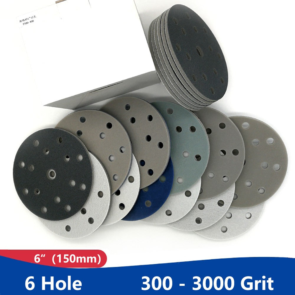 6 Inch(150mm)Hook & Loop Sponge Sandpaper 15 Hole Sanding Discs 300 - 3000 Grit