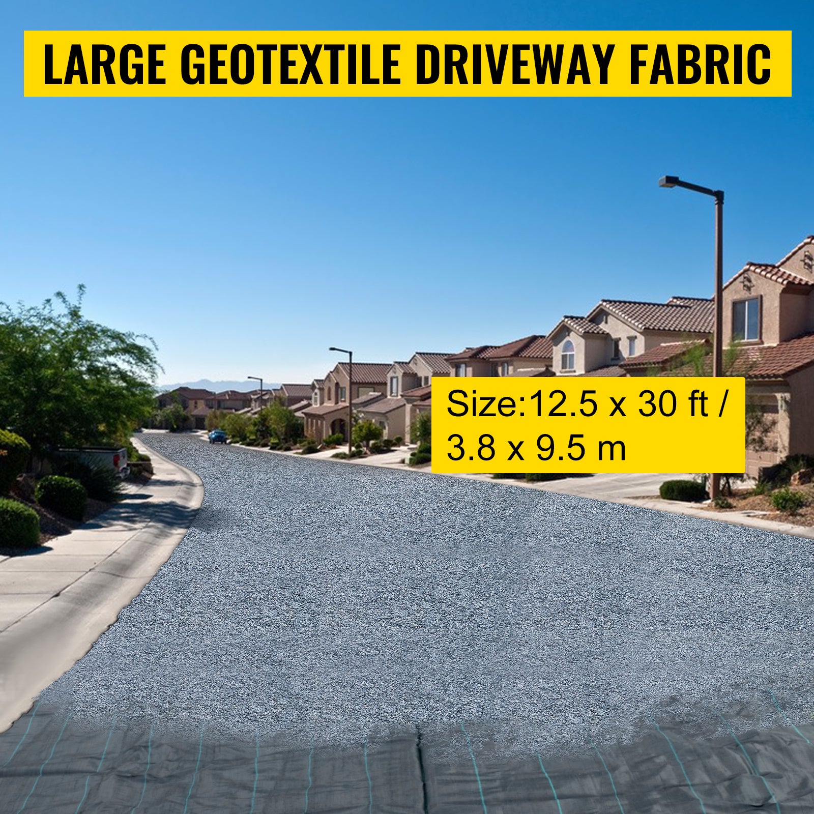 12.5ft x 30ft 3.5oz Woven Geotextile Driveway Fabric — 600lb Tensile Strength Underlayment & Weed Barrier Black