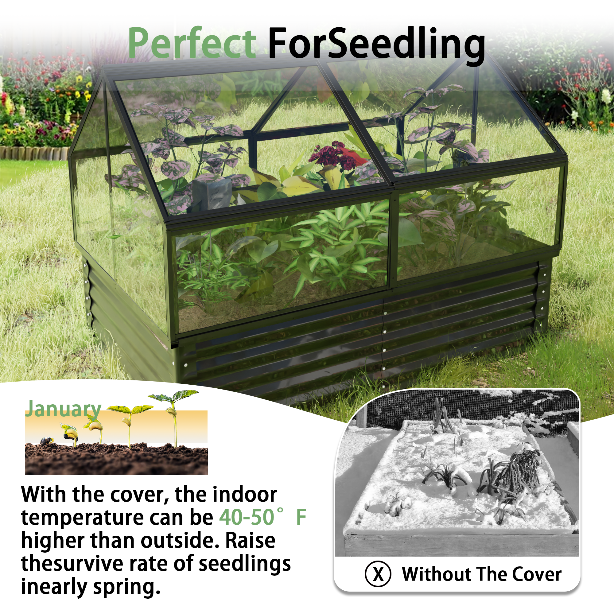 68.7" x 45" x 51.5" Greenhouse with Integrated Raised Flower Bed — 2‑in‑1 Outdoor Planter Box & Cold Frame Black