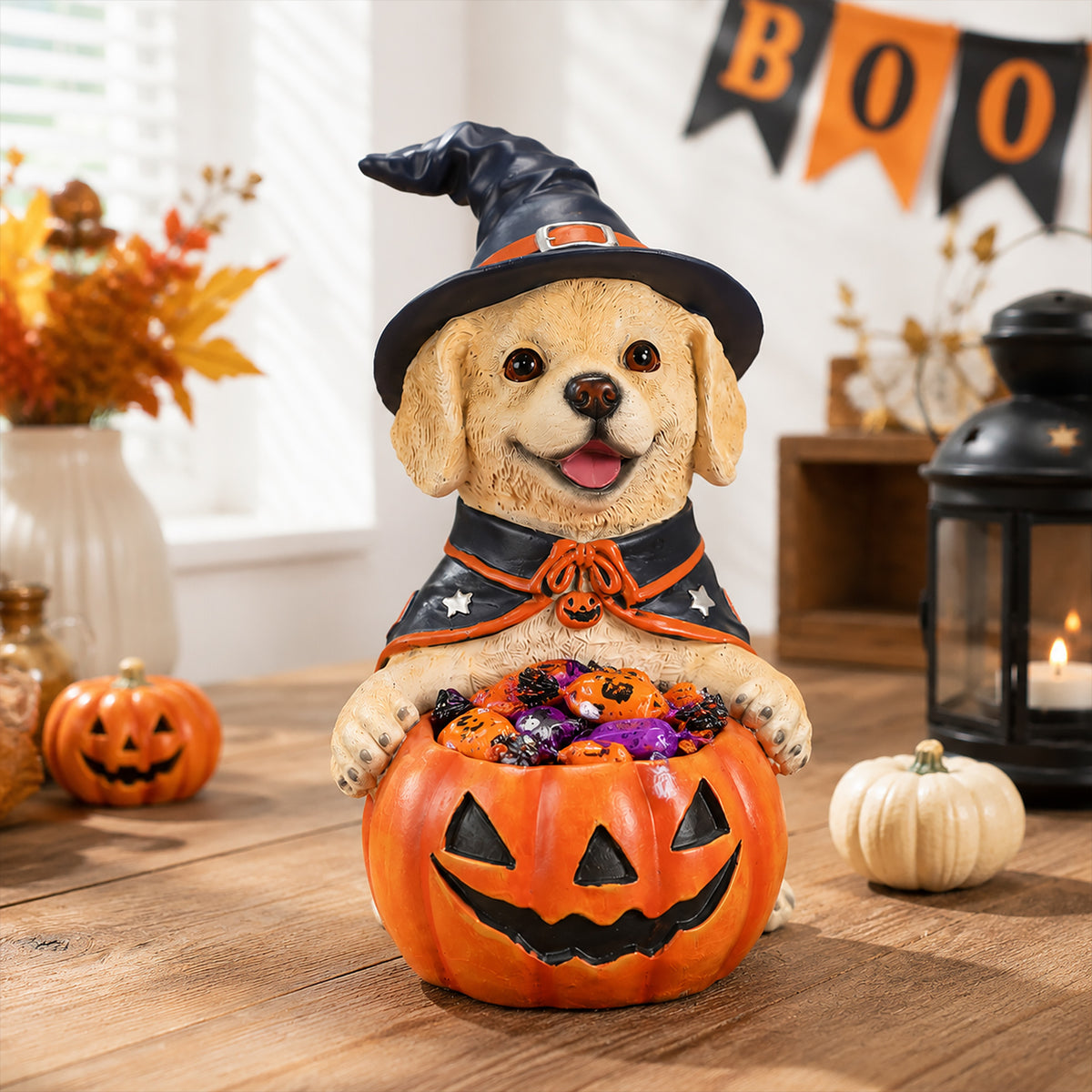 Halloween Labrador Witch Figurine with Pumpkin Candy Bowl, 12.6 in