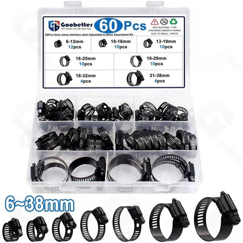 60 Pcs Stainless Steel Pipe Hose Clamp Kit Worm Driver Jubilee Clips Set Black - HomeDIYer