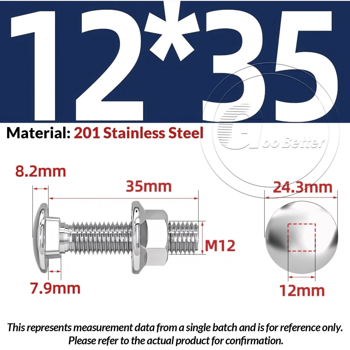 M5–M12 Carriage Bolts with Nuts | Cup Square Domed Head | 201 Stainless Steel - HomeDIYer