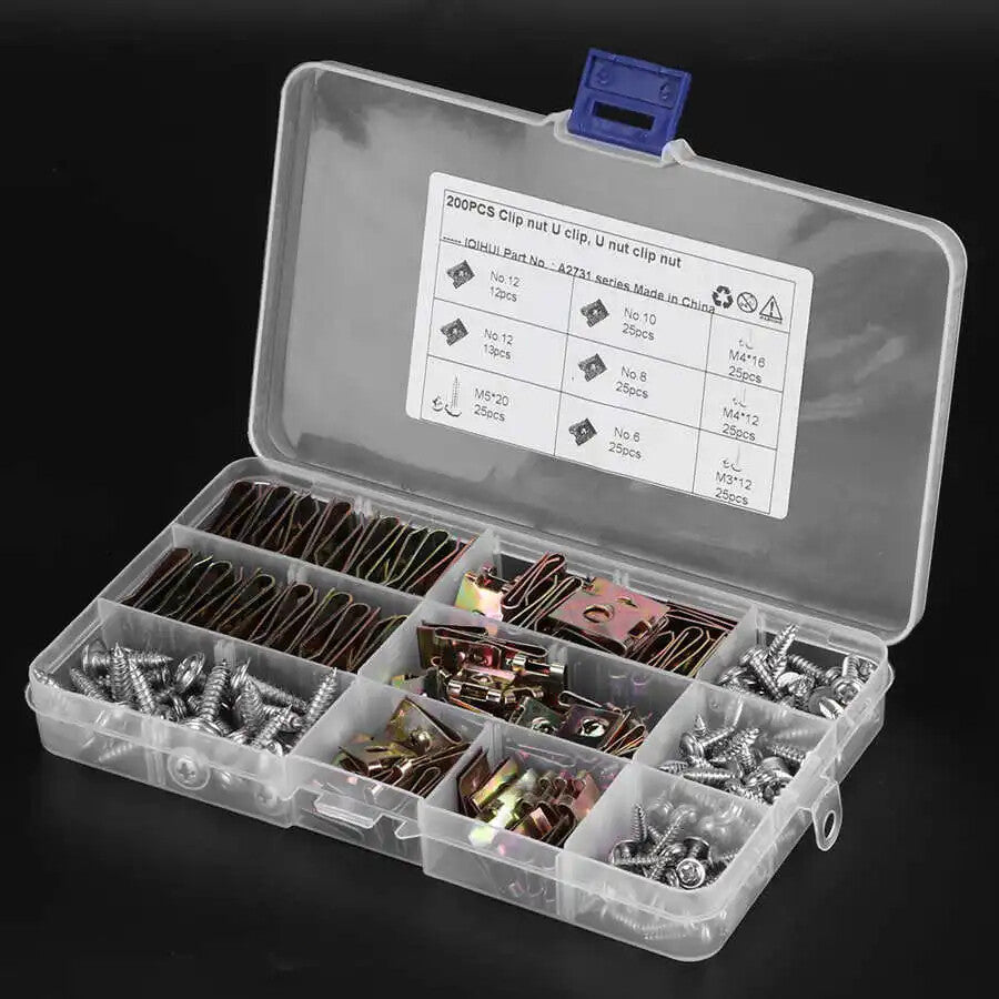 200‑Piece Clip Nut Snap Nut Assortment Set – Sheet Metal Screws & Threaded U‑Nuts, M3 M4 M5