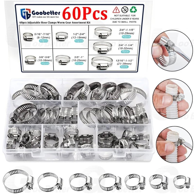 60pcs Adjustable Hose Clamps Worm Gear Stainless Steel Clamp Assortment 7 Sizes - HomeDIYer