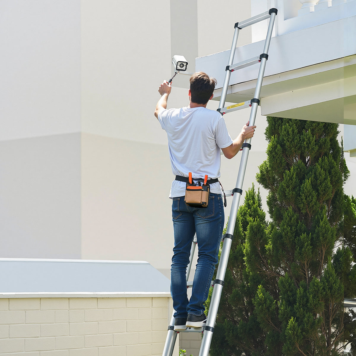 12.5FT Telescoping Aluminum Ladder — 330 lb Capacity, One‑Touch Retraction, Widened Steps, Silver