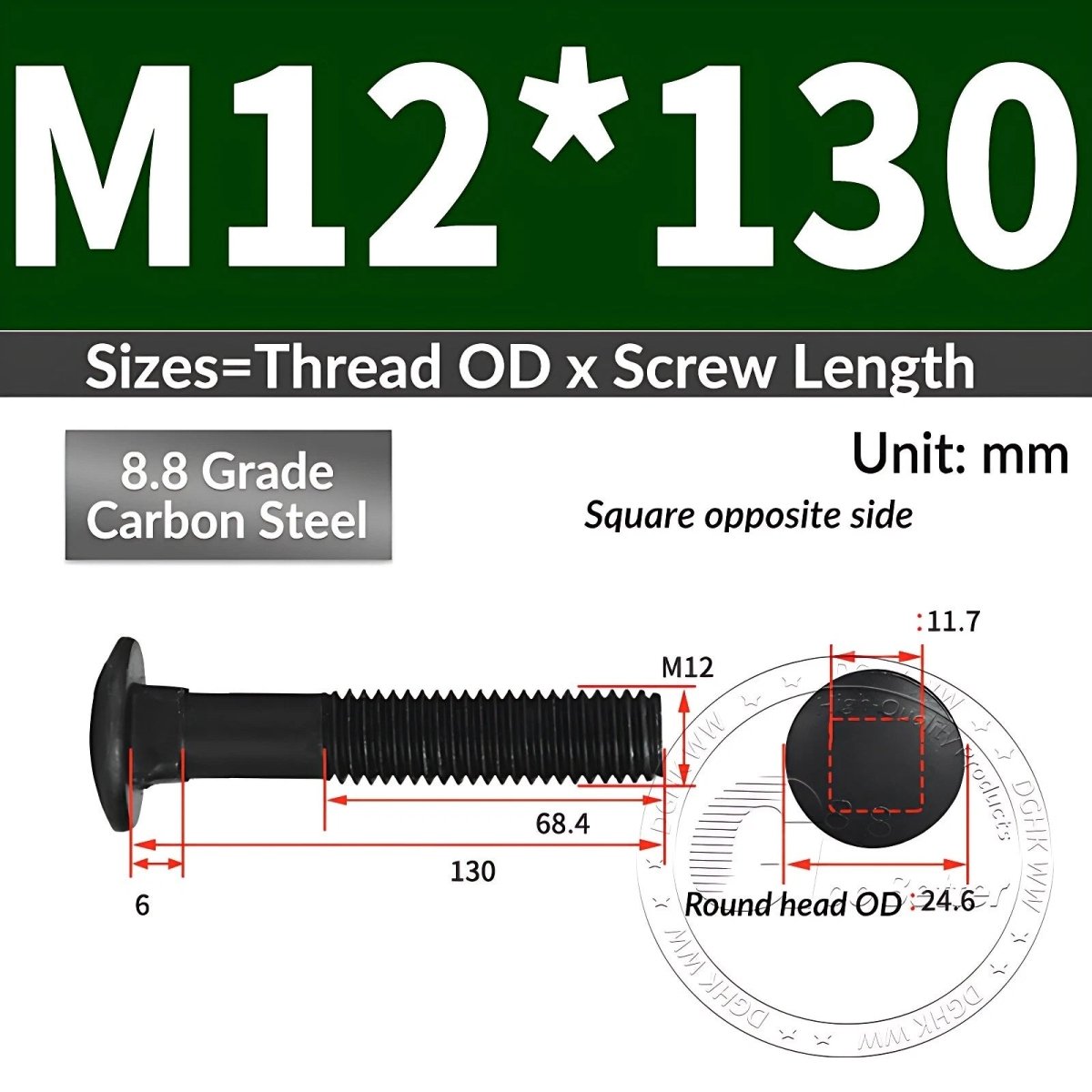 Black 8.8 Grade Steel Carriage Bolts | Cup Square Dome Head | M6–M24 - HomeDIYer