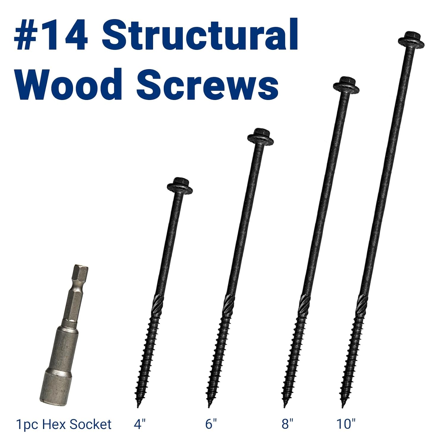 50Pcs #14 x 6" Heavy Duty Lag Screws – Structural Wood Screws, Hex Washer Head, Black Rust Resistant Coated, Hex Socket Included