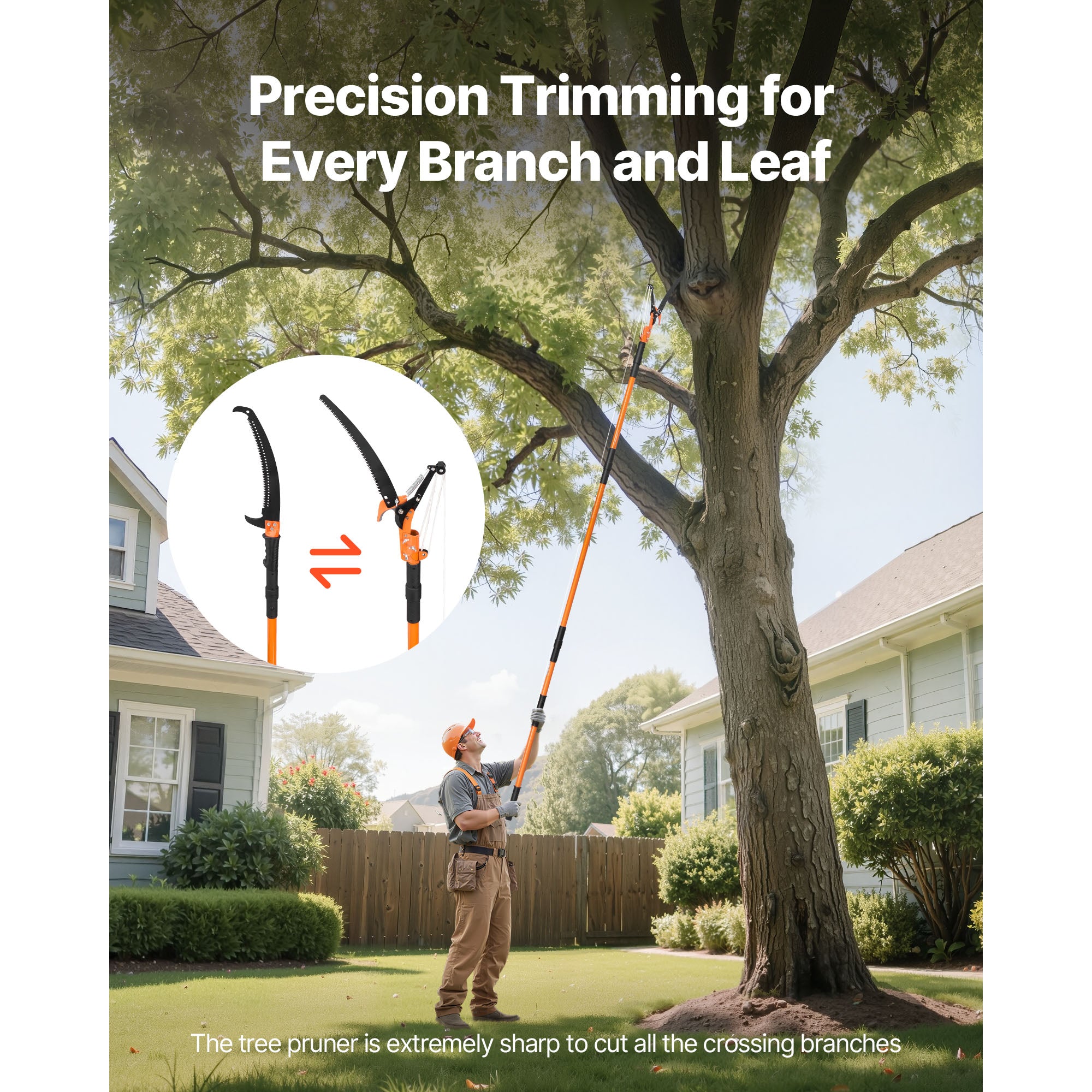 Manual Pole Saw – 4.46‑26.4 ft Extendable Tree Pruner with Scissors, 65Mn Steel Blades, Fiberglass Handle, for High Branch Trimming