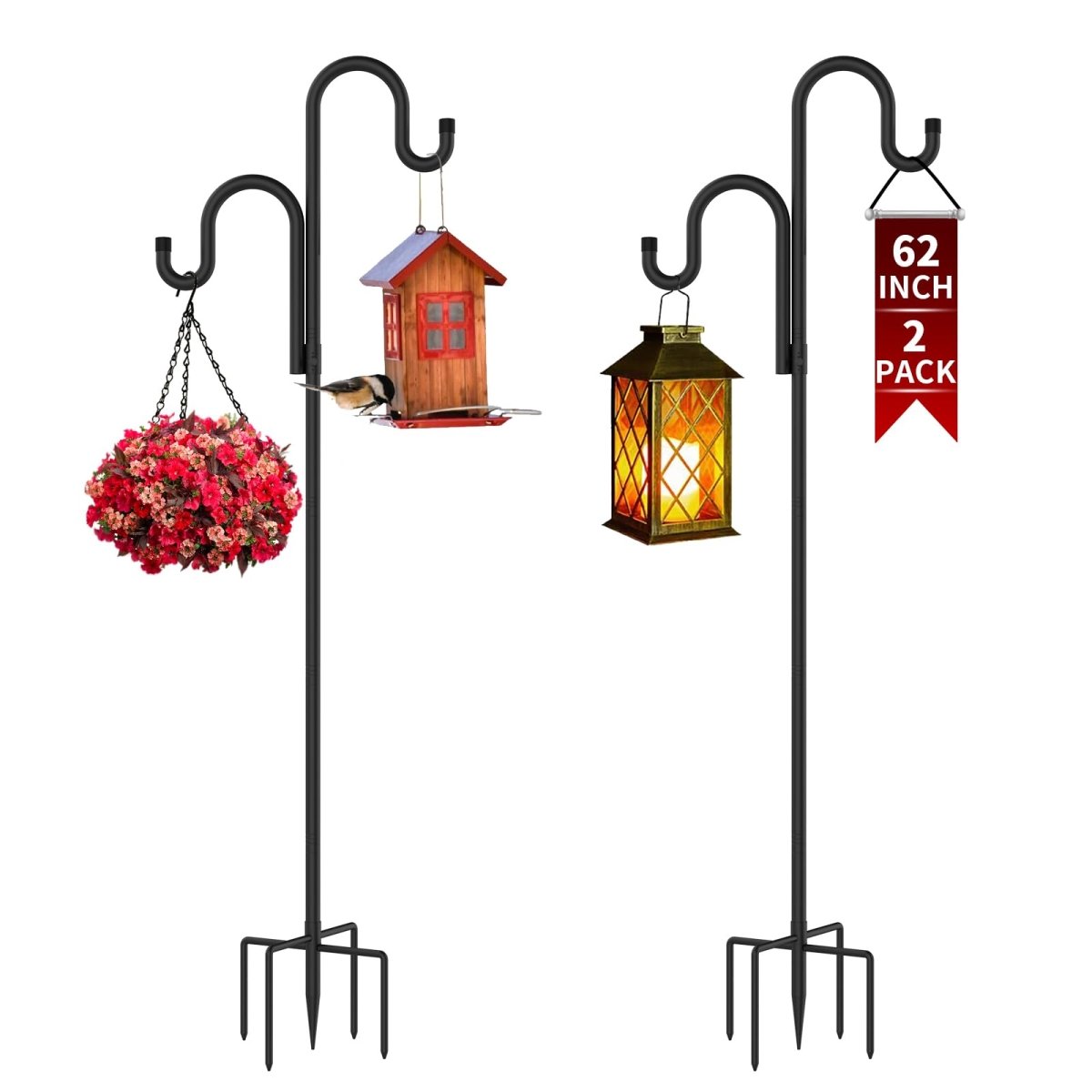 Double Shepherds Hooks for Outdoor, Bird Feeder Pole with 5 Prongs Base, Heavy Duty Garden Hook for Lantern, Wind Chime and Hummingbird Feeder, 45/62/76/92 Inch, 2 Pack - HomeDIYer