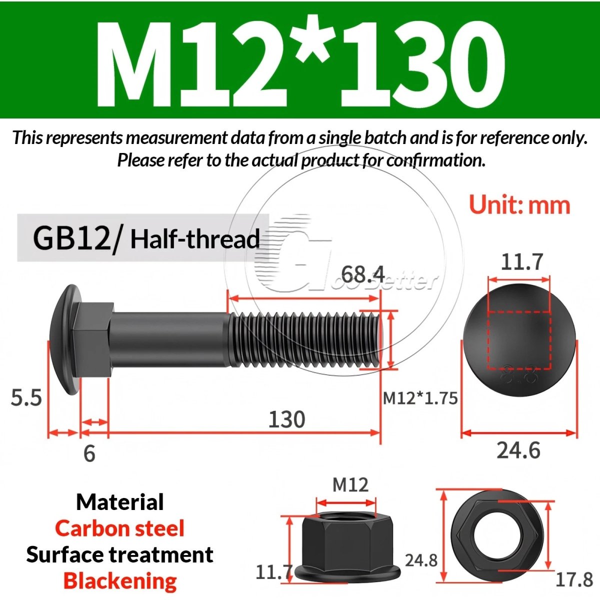 Black Carriage Bolts Grade 8.8 | M6–M24 Cup Square Domed Head Screws - HomeDIYer