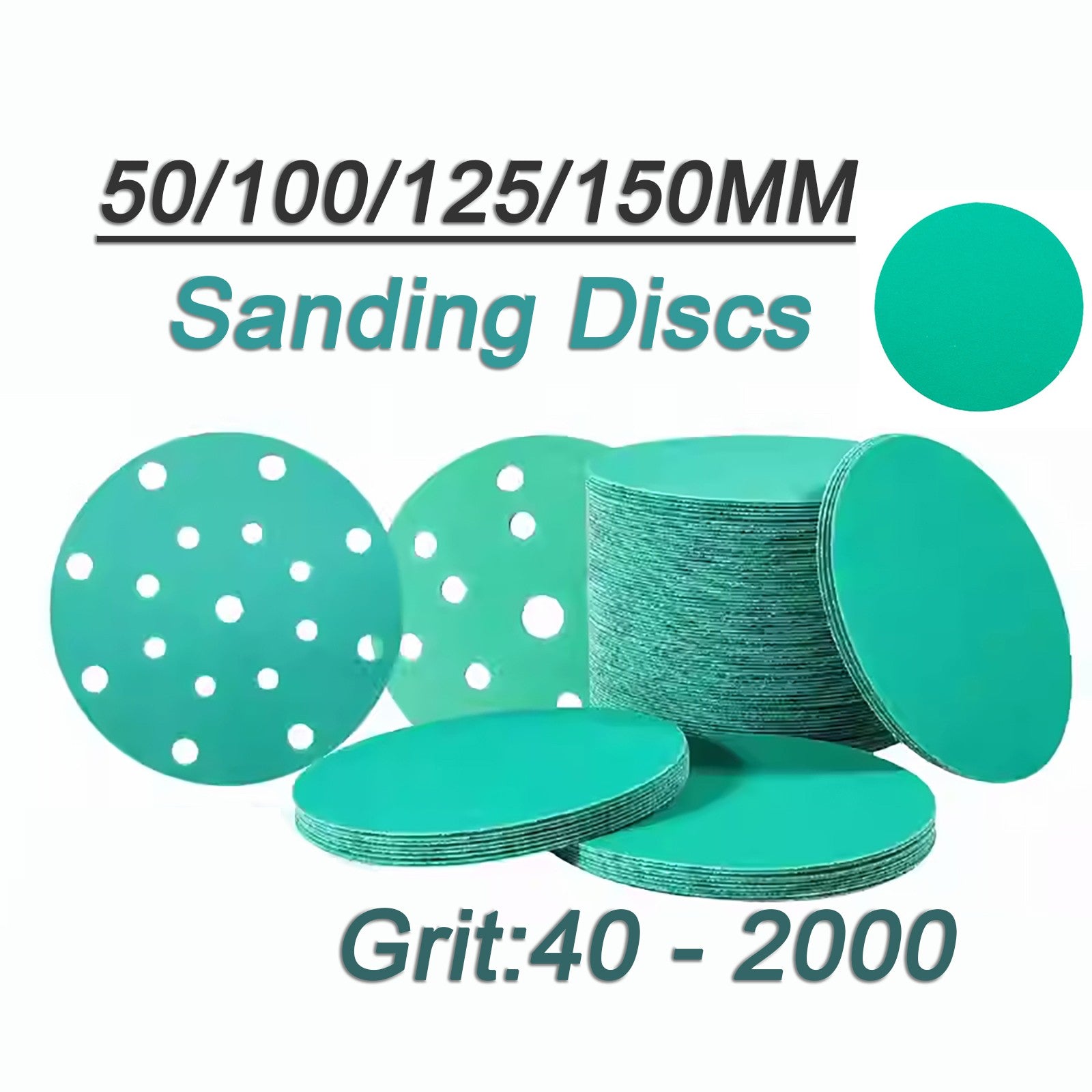 50mm - 150mm Wet & Dry Sanding Discs Sandpaper Film Hook and Loop Pads - Green