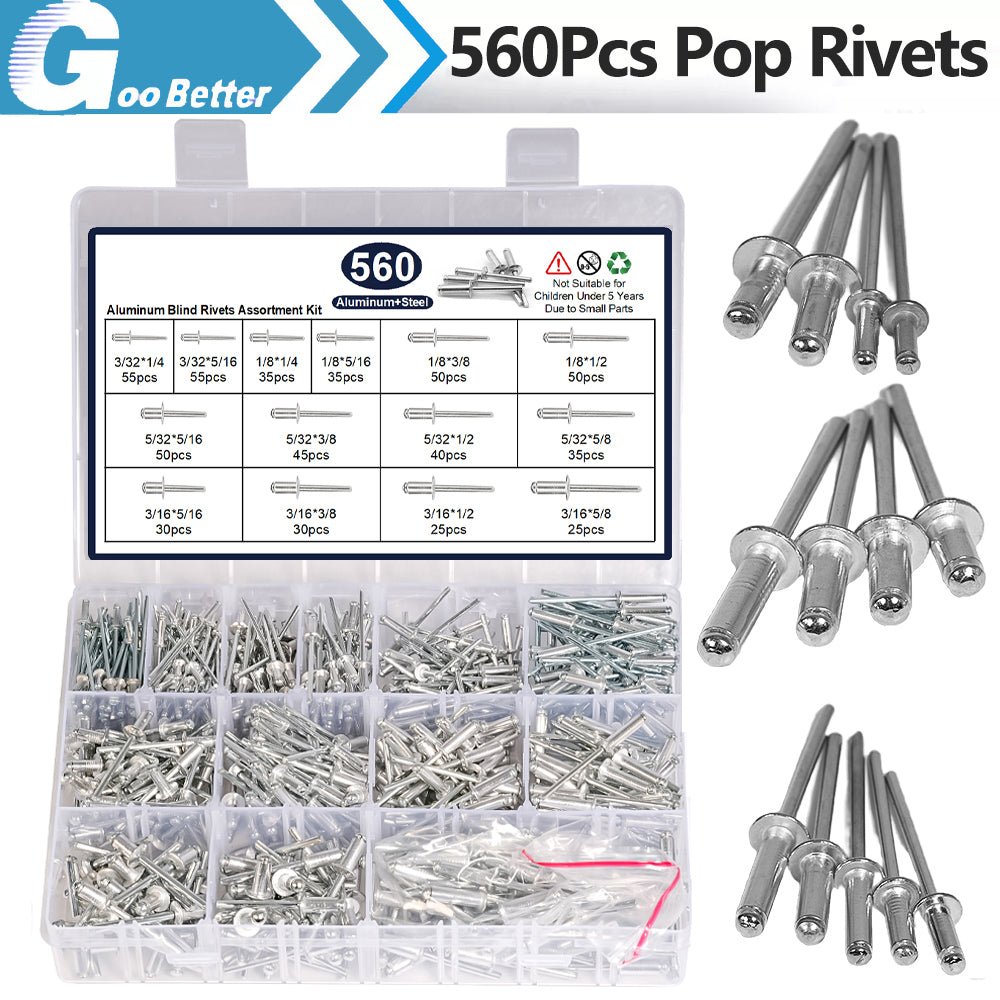 Silver Pop Rivets Assortment Set Aluminium Body Steel Mandrel Open End Dome Head - HomeDIYer