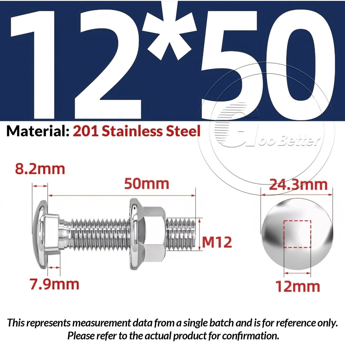 M5–M12 Carriage Bolts with Nuts | Cup Square Domed Head | 201 Stainless Steel - HomeDIYer