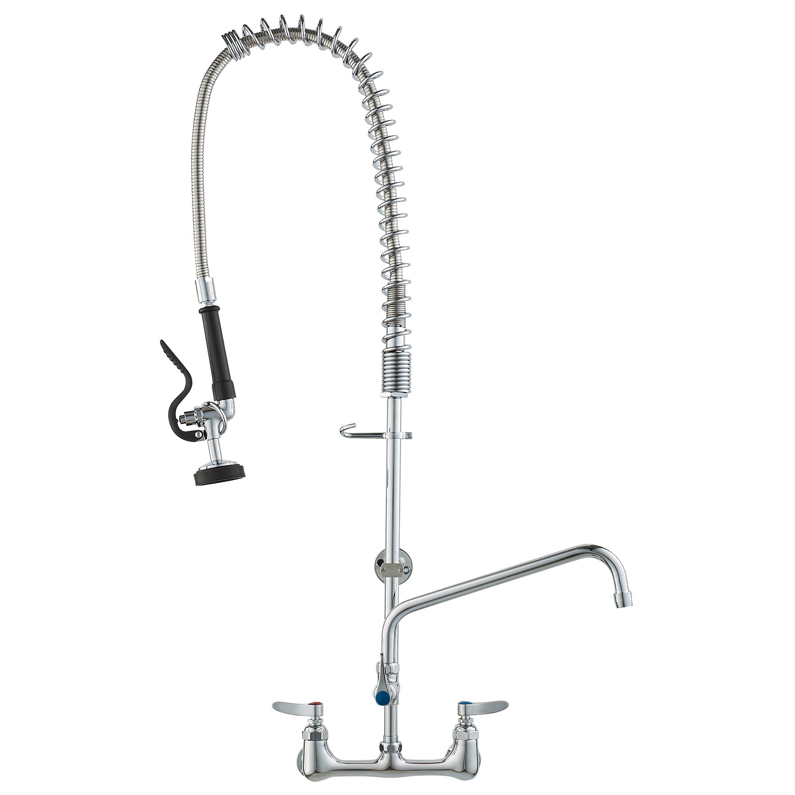 Commercial Faucet with Pre-Rinse Sprayer, 36" Height, 8" Center, 12" Swing Spout, Wall Mount Kitchen Sink Faucet, Brass Constructed Device with Pull Down Spray, for 1/2/3 Compartment Sink