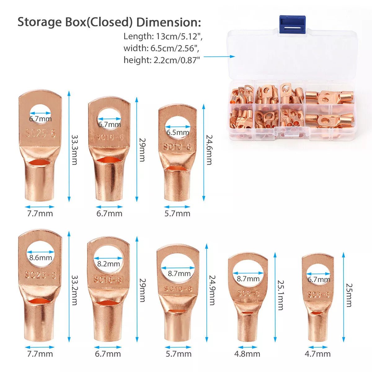 60Pcs/Kit SC6 - 25 Copper Lug Ring Battery Bare Lug Terminals Connector Wire Gauge - HomeDIYer